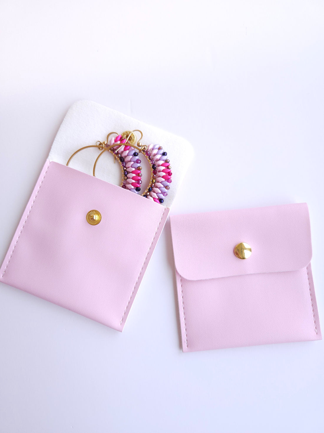 PU Imitation leather jewelry pouch with snap fastener 8x8cm pastel pink