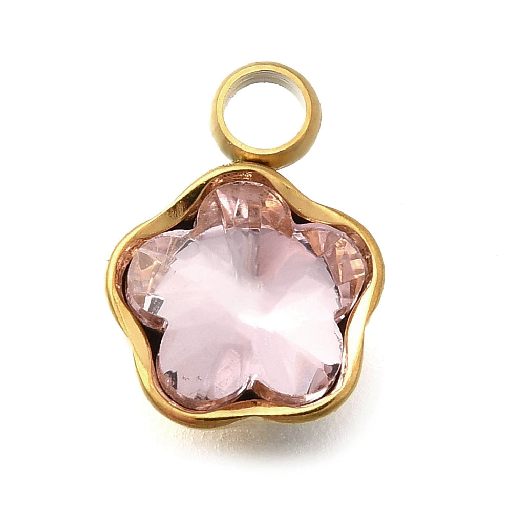 Ion plating RVS Strass Bloem bedel Pink 18kt gold plated