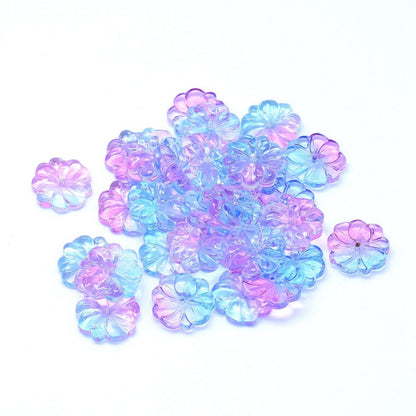 Bloem kraal transparant glas twee kleur Blauw 15x4mm