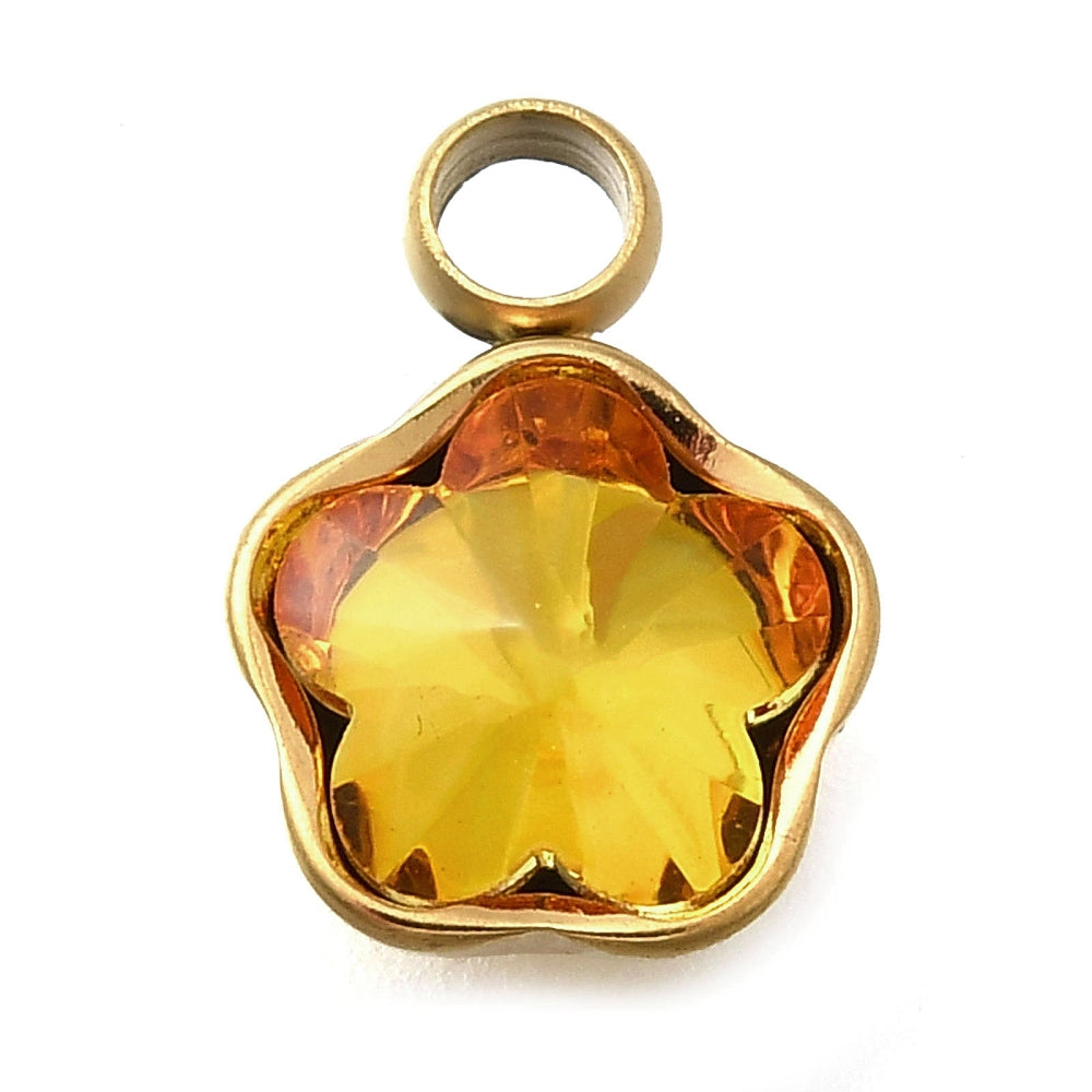 Ion plating RVS Strass Bloem bedel Yellow 18kt gold plated