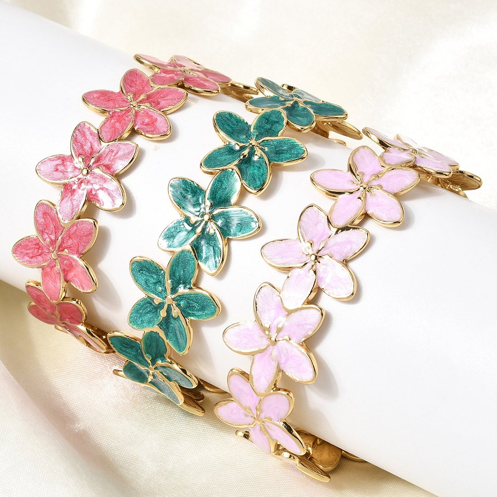 Bloem Bangle Ion Plating rvs met emaillen Roze